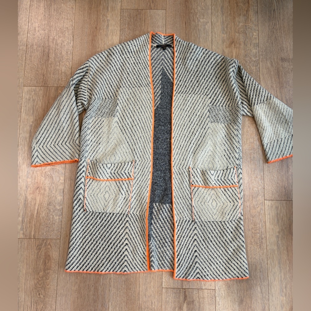MaxSport Chevron Knit Cardigan M Gray Orange Trim Open Front Pockets